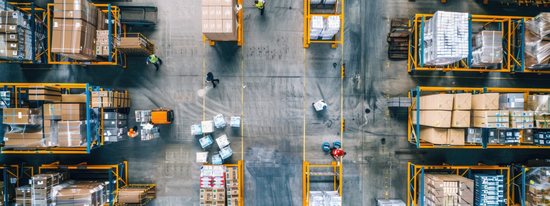 Aerial view of a good team checking product stock in a warehouse warehouse prepares products for delivery check delivery